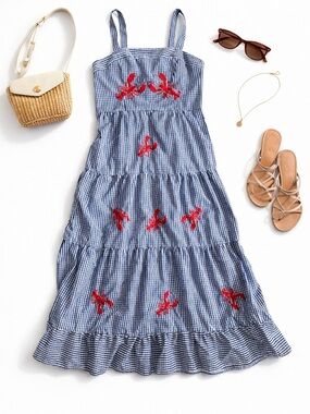 Striped Blue Gingham Maxi Sundress with Red Embroidery